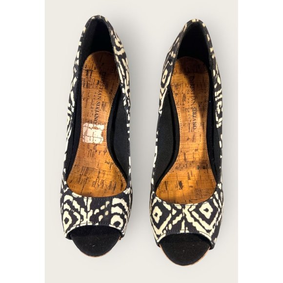 Christian Siriano Womens Size 8.5 Black and Cream Print, Cork Heels, Peep Toe - Picture 3 of 14